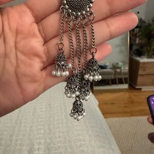 Oxidized Silver Jhumka Drop Earrings with White Bead Tassels